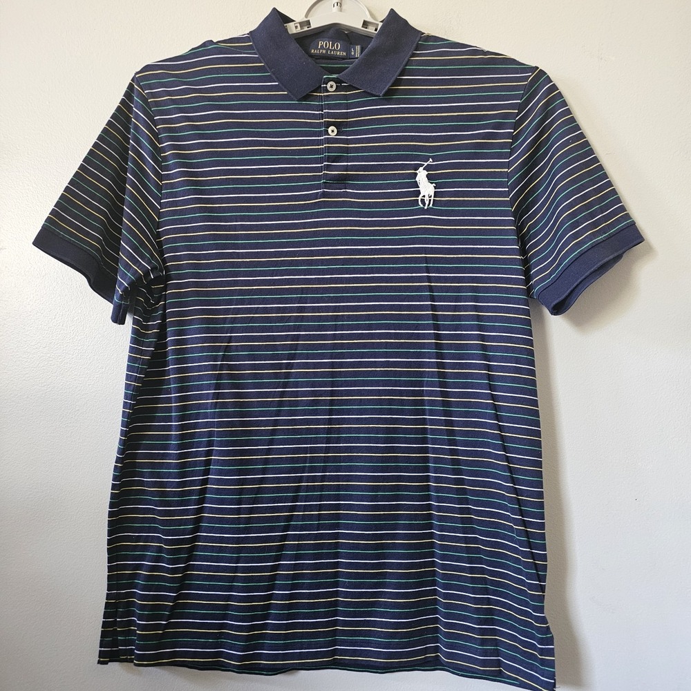 Polo Ralph Lauren Polo Shirt Men's Size Large Pro Fit Blue Striped Big Pony Nice